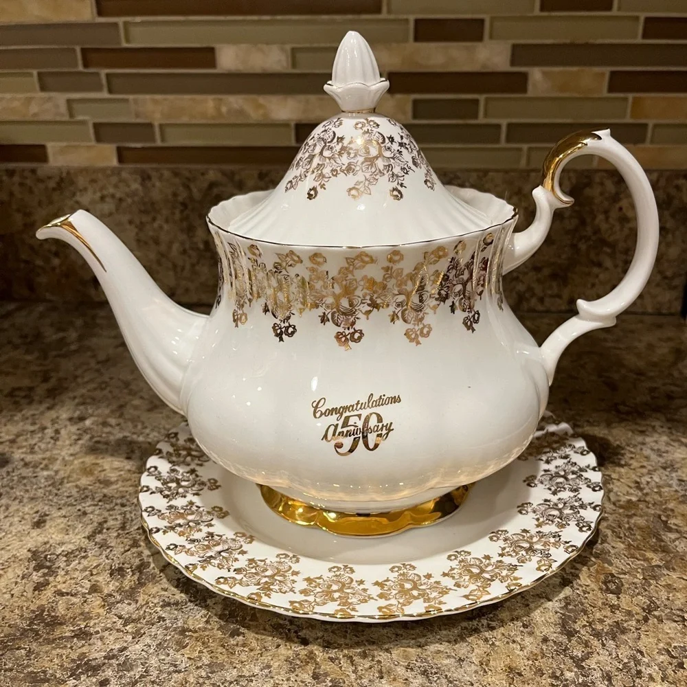 Vintage Royal Albert 50th Anniversary 6 C Teapot, Creamer, Plate, Lefton Tea Cup
